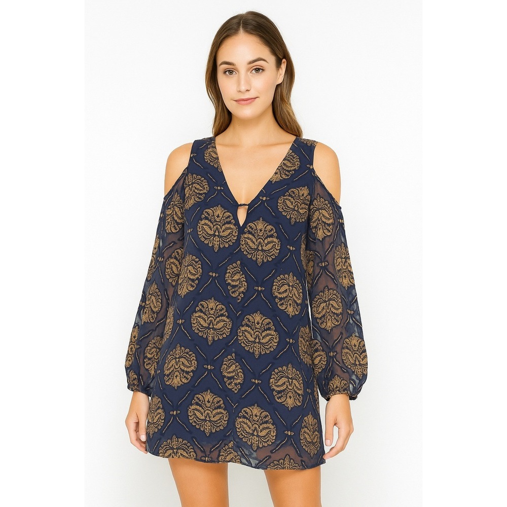 ASTR the Label Cold Shoulder Dress Womens Small Velvet Medallion Print Blue Gold